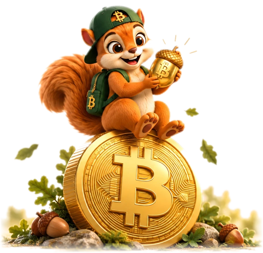 Bidi sitzt auf einer grossen goldenen Bitcoin-Münze und hält eine goldene Eichel