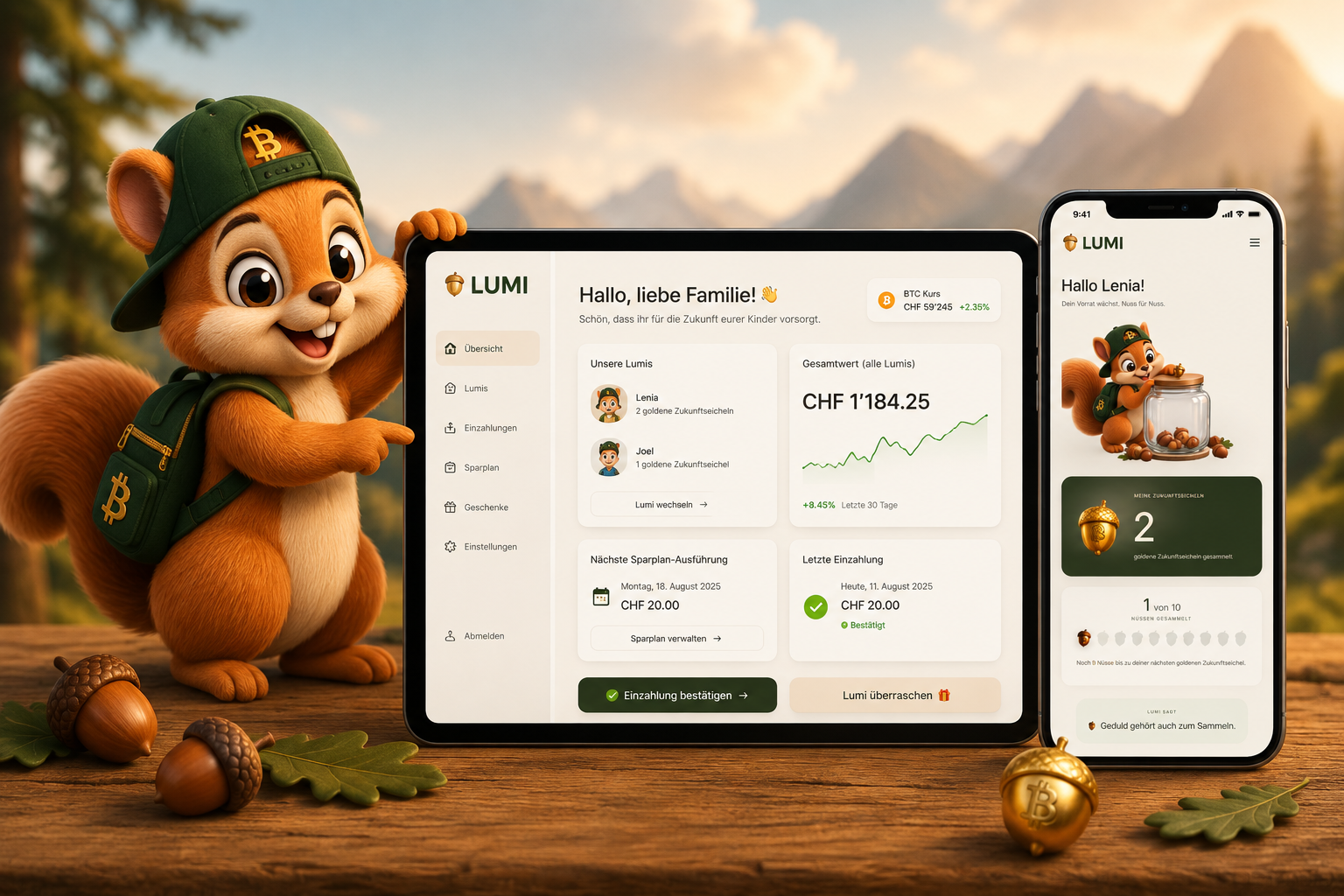Lumi-Zentrale auf Tablet und Kinderansicht auf Smartphone – Erwachsene verwalten, Kinder erleben