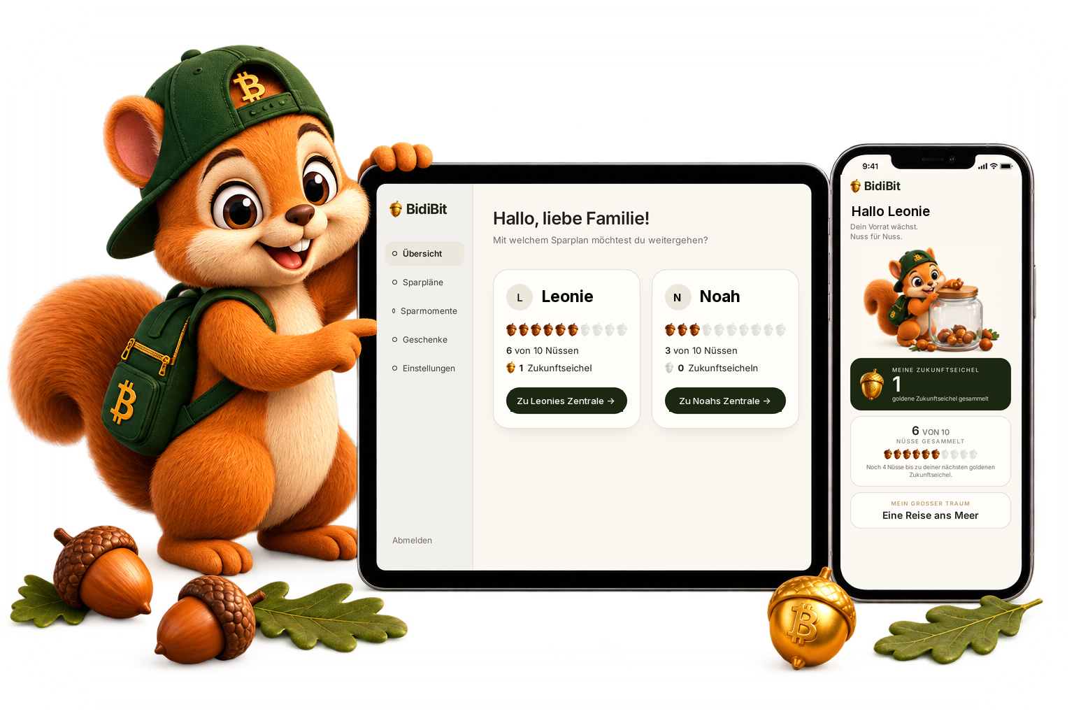 BidiBit-Zentrale auf Tablet und Kinderansicht auf Smartphone – Erwachsene verwalten, Kinder erleben